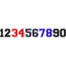 Iron On Collegiate Nnumbers Black, Red, Navy Blue, Royal Blue and White