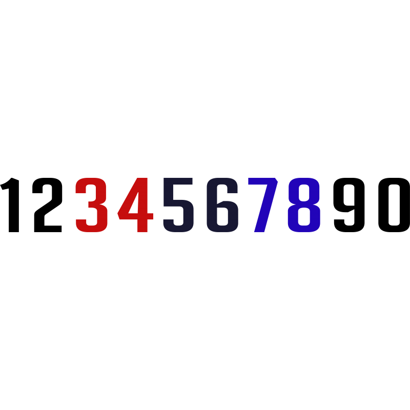 Iron On Numbers Noodle Font Black, Red, Navy Blue, Royal Blue and White
