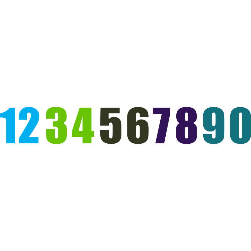 Iron On Numbers Impact Font Aqua, Apple, Military Green, Purple and Jade